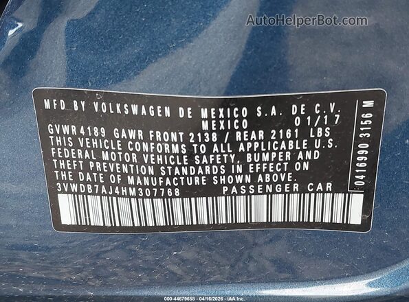 3VWDB7AJ4HM307768 2017 VOLKSWAGEN JETTA Blue 