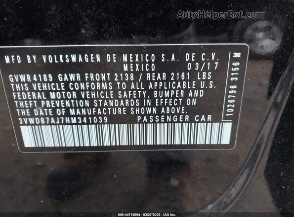 3VWDB7AJ7HM341039 2017 VOLKSWAGEN JETTA Black 