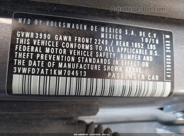 3VWFD7AT1KM704513 2019 VOLKSWAGEN BEETLE Gray 