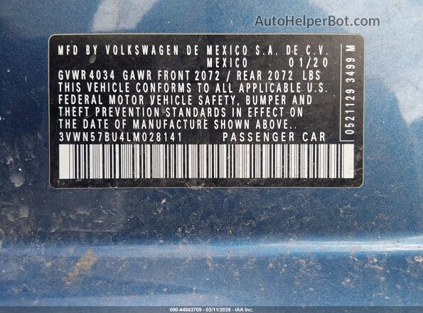 3VWN57BU4LM028141 2020 VOLKSWAGEN JETTA Blue 