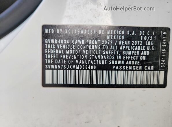 3VWN57BUXMM088409 2021 VOLKSWAGEN JETTA Белый Вид наклейки с VIN-кодом