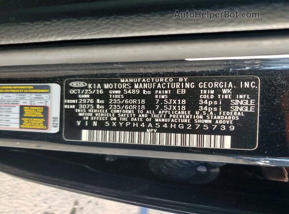 5XYPH4A54HG275739 2017 KIA SORENTO Black 