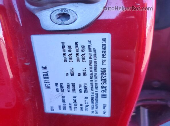 5YJ3E1EA9KF299076 2019 TESLA MODEL 3 Красный 