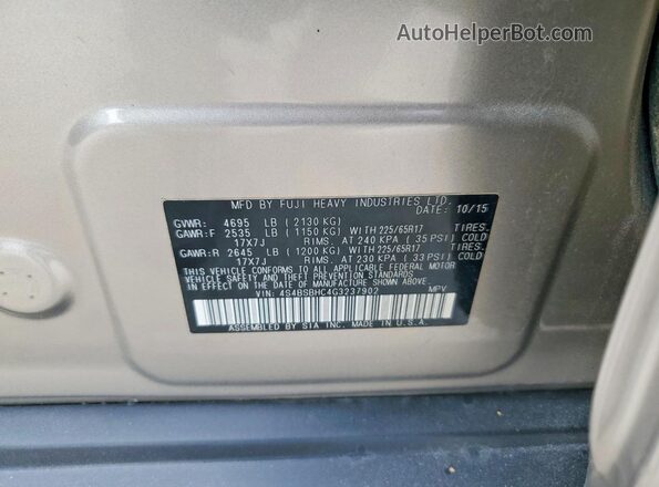4S4BSBHC4G3237902 2016 SUBARU OUTBACK Gray VIN კოდის სტიკერის ხედი
