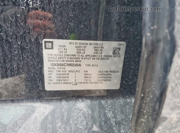 1GNSKBKC7HR254549 2017 CHEVROLET TAHOE Black VIN კოდის სტიკერის ხედი