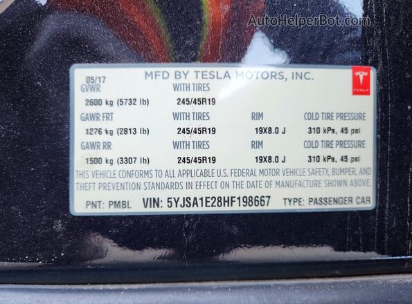 5YJSA1E28HF198667 2017 TESLA MODEL S Черный 