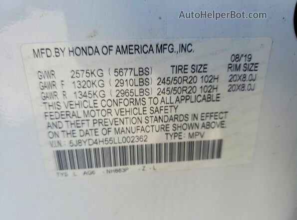 5J8YD4H55LL002362 2020 ACURA MDX Белый Вид наклейки с VIN-кодом