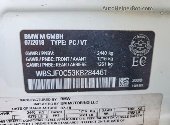 WBSJF0C53KB284461 2019 BMW M5 Green Vista de la etiqueta del VIN