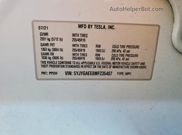 5YJYGAEE8MF235407 2021 TESLA MODEL Y White Vista interior de 360 grados
