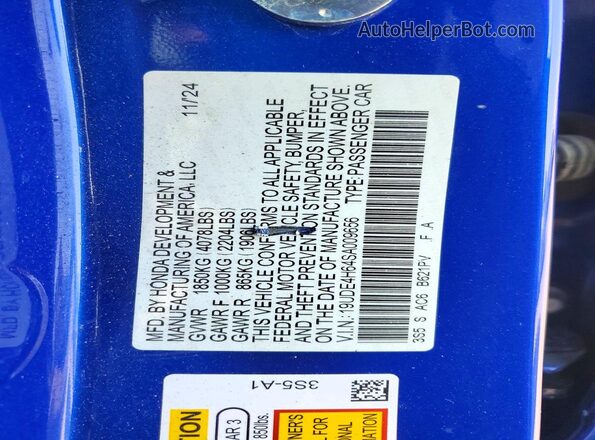 19UDE4H64SA009656 2025 ACURA INTEGRA Blue Vista de la etiqueta del VIN