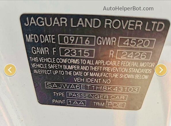 SAJWA6ET1H8K43103 2017 JAGUAR F-TYPE White 