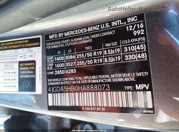 4JGDA5HB0HA888073 2017 MERCEDES-BENZ GLE 350 Gray Вид підкапотного простору