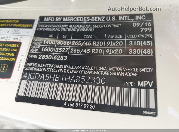 4JGDA5HB1HA852330 2017 MERCEDES-BENZ GLE 350 White Вид підкапотного простору