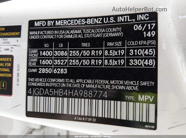 4JGDA5HB4HA988774 2017 MERCEDES-BENZ GLE 350 White Widok komory silnika