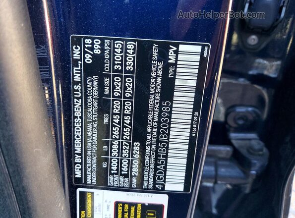 4JGDA5HB5JB203985 2018 MERCEDES-BENZ GLE Blue Widok naklejki z numerem VIN