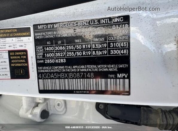 4JGDA5HBXJB087148 2018 MERCEDES-BENZ GLE 350 White Vista de la etiqueta del VIN