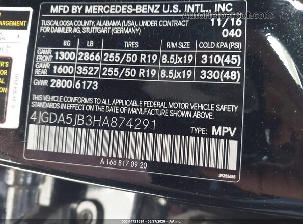 4JGDA5JB3HA874291 2017 MERCEDES-BENZ GLE 350 Black ძრავის განყოფილების ხედი