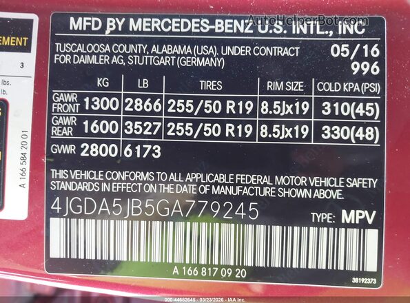 4JGDA5JB5GA779245 2016 MERCEDES-BENZ GLE 350 Red 