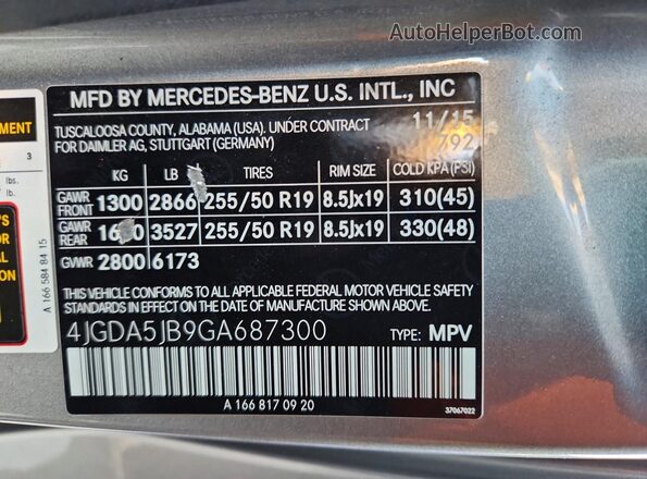 4JGDA5JB9GA687300 2016 MERCEDES-BENZ GLE Серебряный Вид наклейки с VIN-кодом