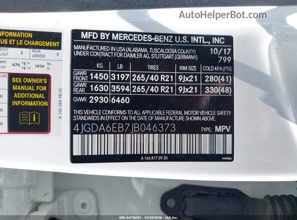 4JGDA6EB7JB046373 2018 MERCEDES-BENZ AMG GLE 43 White Widok komory silnika