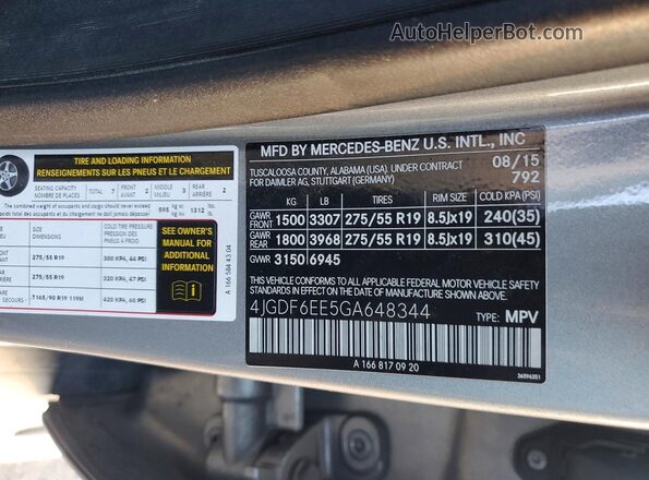 4JGDF6EE5GA648344 2016 MERCEDES-BENZ GL-CLASS Серебряный Вид наклейки с VIN-кодом