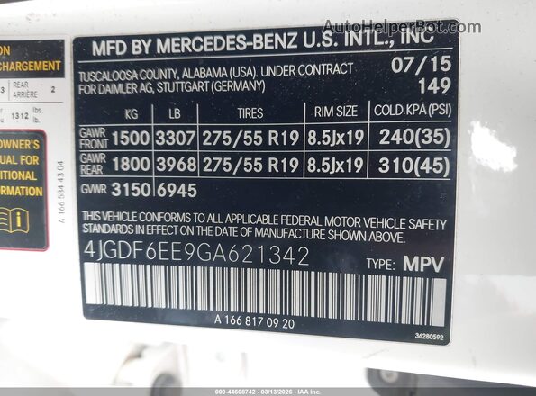 4JGDF6EE9GA621342 2016 MERCEDES-BENZ GL 450 White Вид підкапотного простору