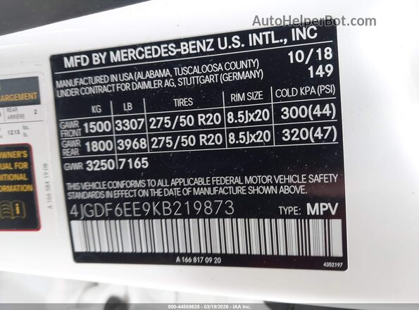 4JGDF6EE9KB219873 2019 MERCEDES-BENZ GLS 450 White Շարժիչի բաժամունքի տեսք
