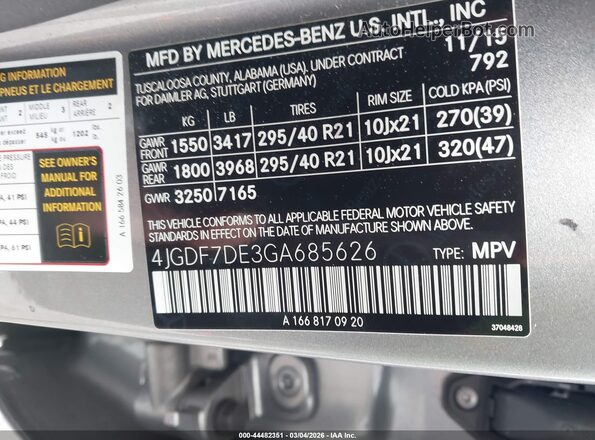 4JGDF7DE3GA685626 2016 MERCEDES-BENZ GL 550 Silver Շարժիչի բաժամունքի տեսք