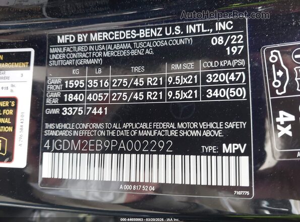 4JGDM2EB9PA002292 2023 MERCEDES-BENZ EQS 450 SUV Black Շարժիչի բաժամունքի տեսք