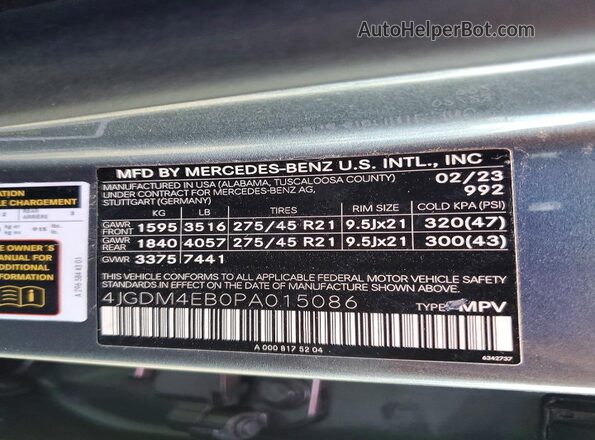 4JGDM4EB0PA015086 2023 MERCEDES-BENZ EQS Gray Вид наклейки з VIN-кодом