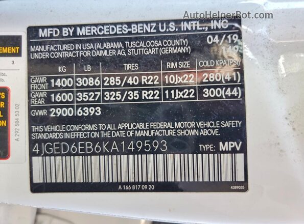 4JGED6EB6KA149593 2019 MERCEDES-BENZ GLE White 