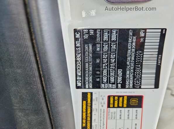 4JGED6EB8KA133329 2019 MERCEDES-BENZ GLE White VIN sticker view