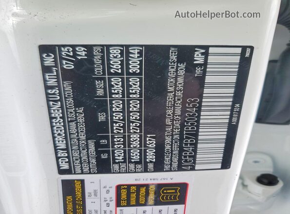 4JGFB4FB7TB503453 2026 MERCEDES-BENZ GLE White Vista de la etiqueta del VIN
