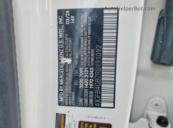 4JGFB4GB7RB191092 2024 MERCEDES-BENZ GLE White Vista de la etiqueta del VIN