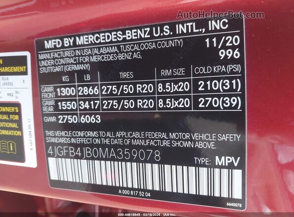 4JGFB4JB0MA359078 2021 MERCEDES-BENZ GLE 350 Burgundy 