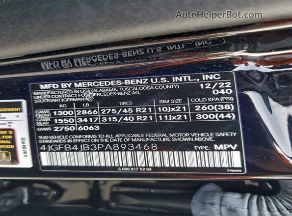 4JGFB4JB3PA893468 2023 MERCEDES-BENZ GLE Black VIN კოდის სტიკერის ხედი