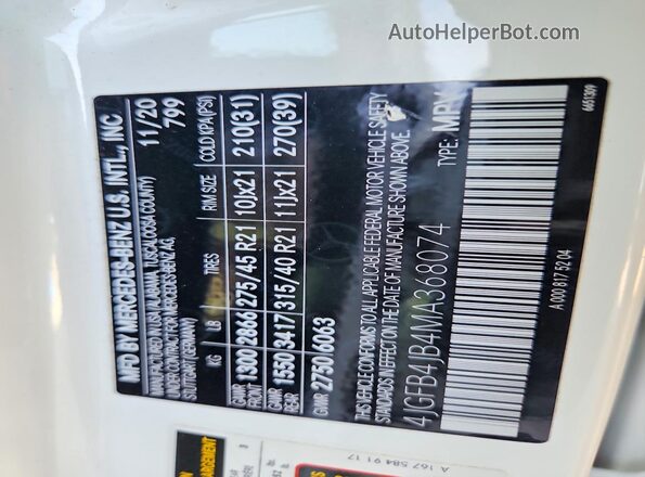 4JGFB4JB4MA368074 2021 MERCEDES-BENZ GLE White Vista de la etiqueta del VIN