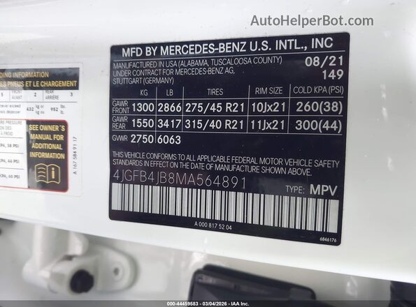 4JGFB4JB8MA564891 2021 MERCEDES-BENZ GLE 350 White Вид підкапотного простору