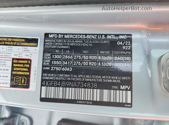 4JGFB4JB9NA734838 2022 MERCEDES-BENZ GLE Silver Widok naklejki z numerem VIN
