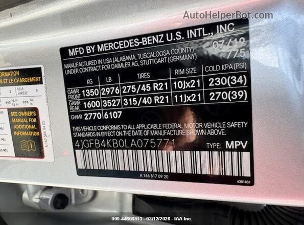 4JGFB4KB0LA075771 2020 MERCEDES-BENZ GLE 350 Silver Widok naklejki z numerem VIN