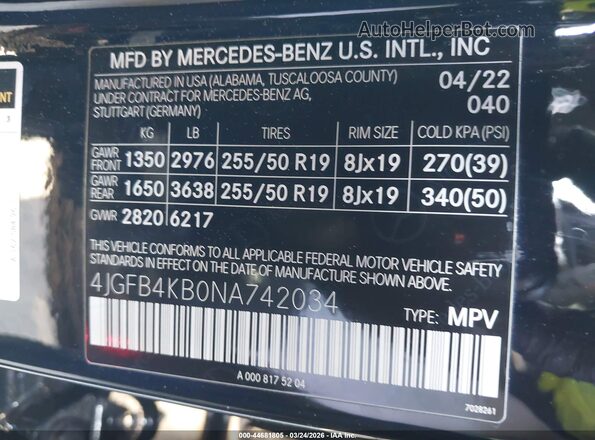4JGFB4KB0NA742034 2022 MERCEDES-BENZ GLE 350 Black Engine compartment view