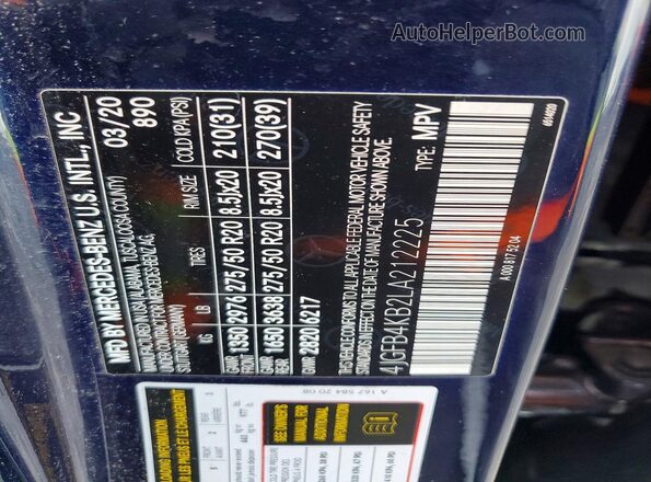 4JGFB4KB2LA212225 2020 MERCEDES-BENZ GLE Blue Widok naklejki z numerem VIN