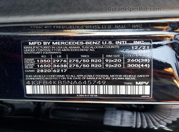 4JGFB4KB5NA645749 2022 MERCEDES-BENZ GLE Black VIN կոդի պիտակի տեսք