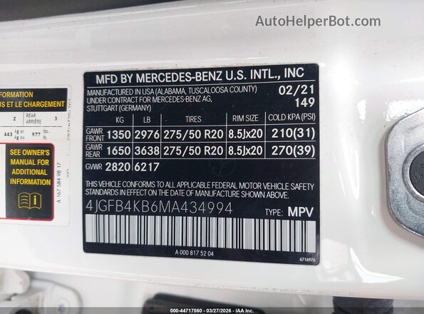 4JGFB4KB6MA434994 2021 MERCEDES-BENZ GLE 350 White Vista del compartimento del motor