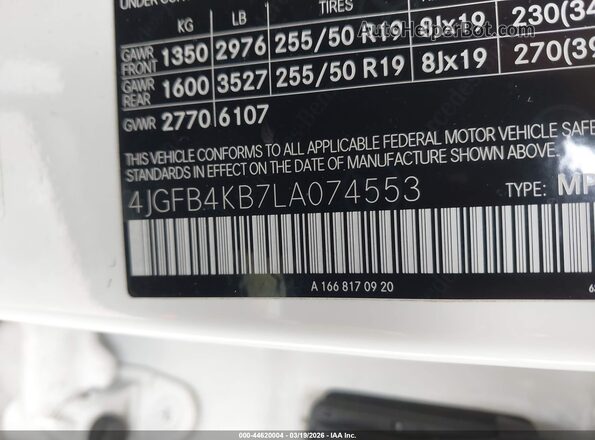 4JGFB4KB7LA074553 2020 MERCEDES-BENZ GLE 350 White Engine compartment view