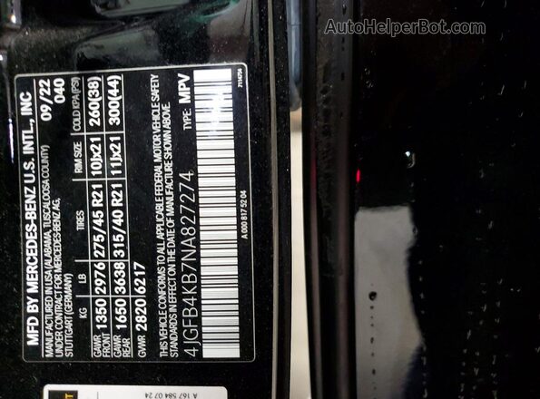 4JGFB4KB7NA827274 2022 MERCEDES-BENZ GLE Black Widok naklejki z numerem VIN