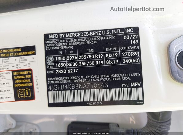 4JGFB4KB8NA710643 2022 MERCEDES-BENZ GLE 350 White ძრავის განყოფილების ხედი