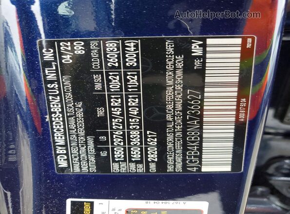 4JGFB4KB8NA736627 2022 MERCEDES-BENZ GLE Синий Панорамный вид салона 360°