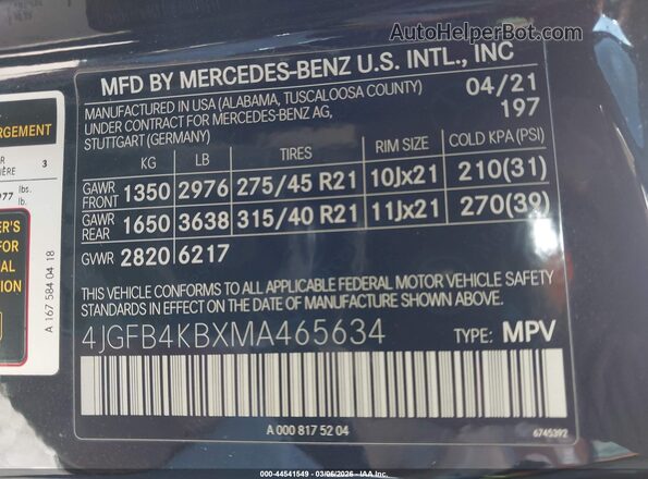 4JGFB4KBXMA465634 2021 MERCEDES-BENZ GLE 350 Black 
