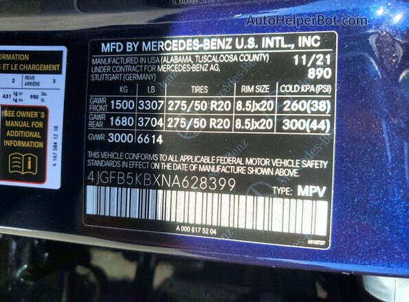 4JGFB5KBXNA628399 2022 MERCEDES-BENZ GLE Blue 